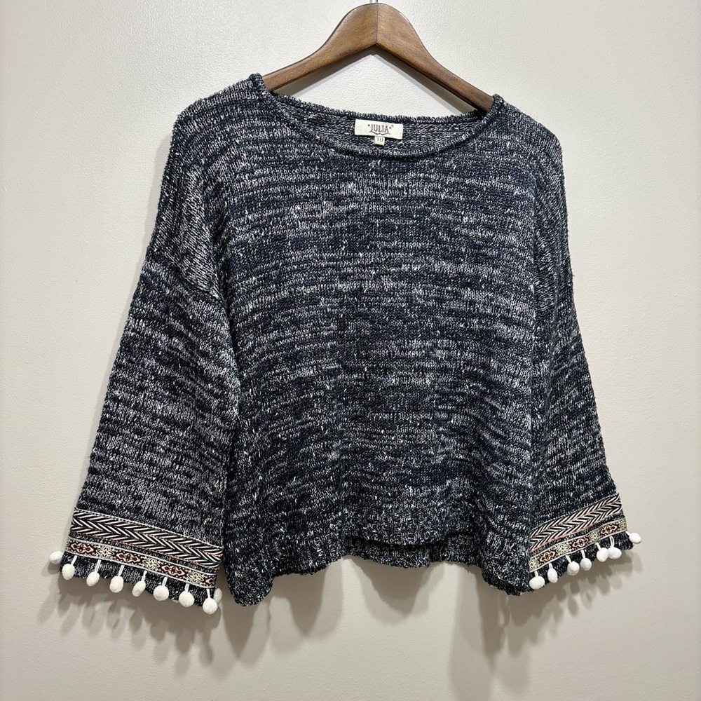 Julia Vintage Knitted Relaxed Fit Pom Pom Detail Knit Sweater Shirt Top Grey